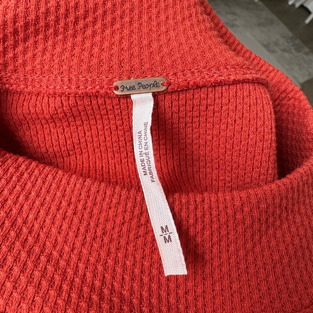 Free People Switch It Up Burnt Orange Thermal Sweater Top Crochet Sleeves - Picture 7 of 7
